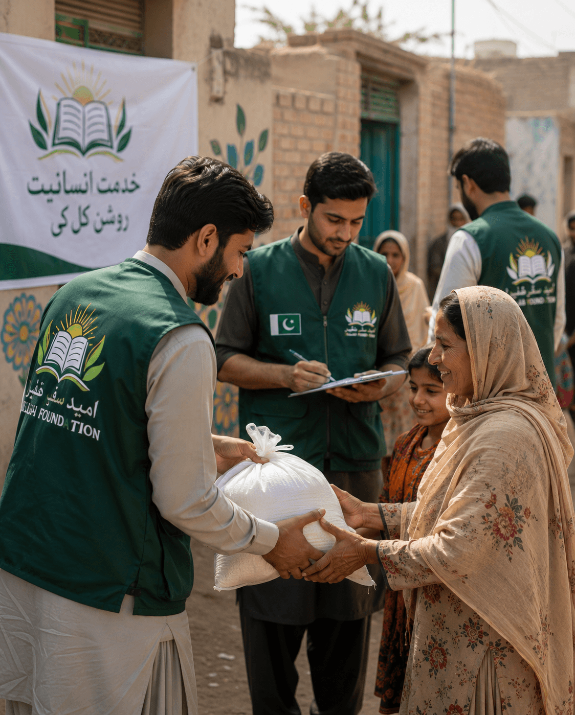 Volunteers in foundation vests working together in a community in Pakistan